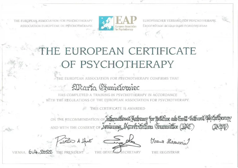 Psycholog Klodzko | Marta Chmielowiec | Europejski Certyfikat Psychoterapii